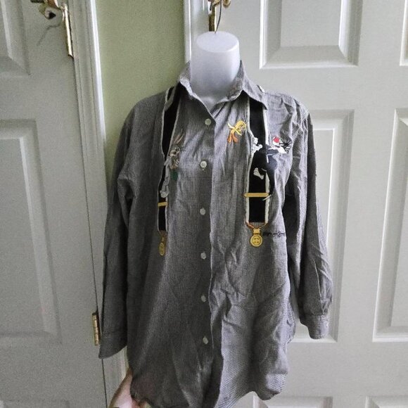 Vintage Warner Bros Looney Tunes Plaid Embroidered Suspenders Button Down Top - Picture 5 of 11